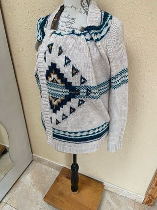 Chaqueta Poncho Beige y Verde Talla Única