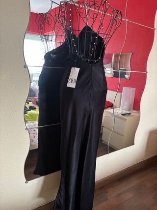 Vestido negro tirantes perlas talla XS