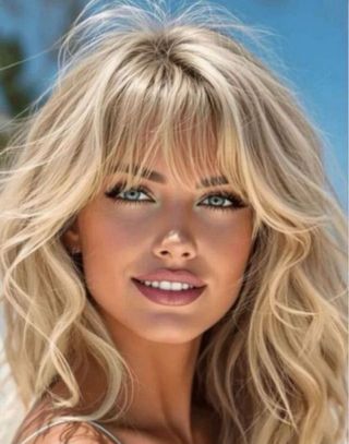 Espectacular Peluca rubia ondulada con flequillo