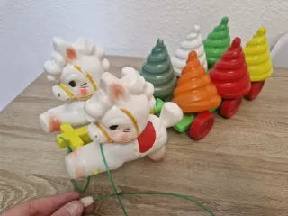 antiguo Juguete de arrastre caballitos conos cipsa