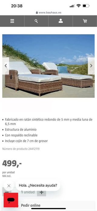 3 Tumbonas Rattan con Colchón Reclinable