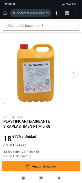 Aditivo plastificante mortero, Sika Plastiment