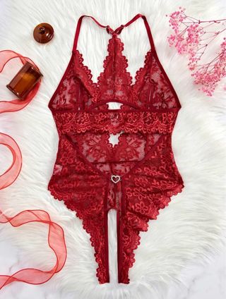 Lencería encaje floral corazón rojo talla única