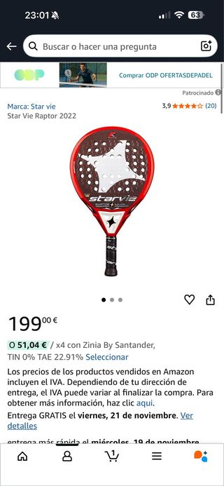 Pala StarVie Raptor Evolution Roja