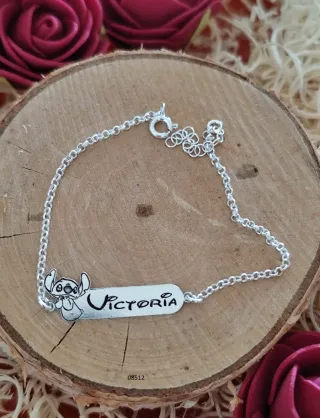 Pulsera Plata 1° Ley con nombre + Stitch