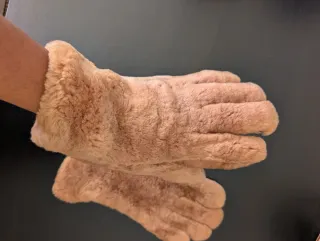 Guantes de piel y pelo beige/marrón