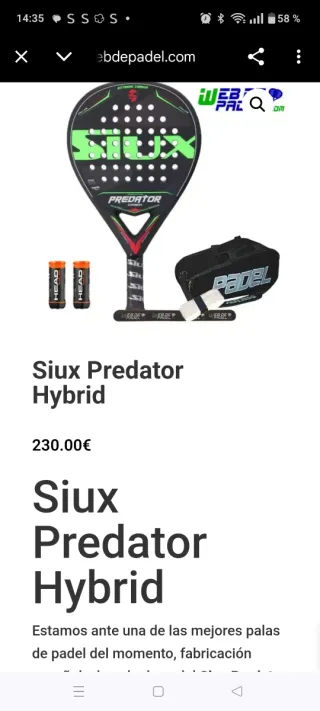 Pala Pádel Siux Predator Hybrid Carbon