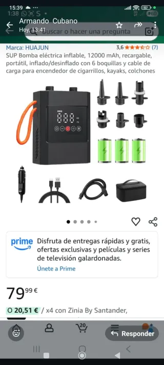 Bomba infladora eléctrica HUAJUN 12000mAh