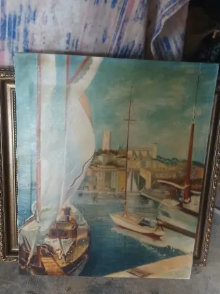 Cuadro antiguo puerto veleros