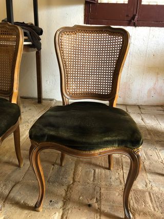 4 Sillas Antiguas Madera Rattan Terciopelo