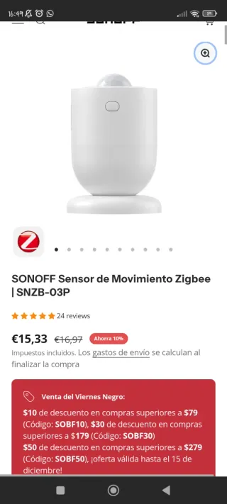 Sensor de movimiento Sonoff blanco