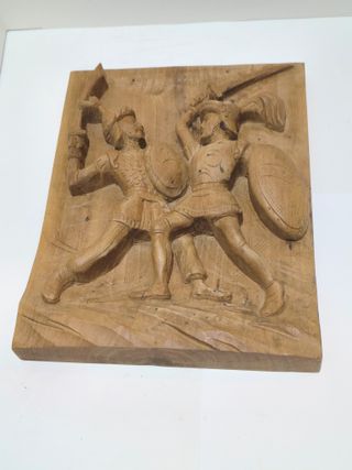 Antico pannello legno bassorilievo guerrieri