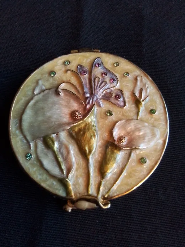 Specchio da borsa in porcellana con fiori e farfalle