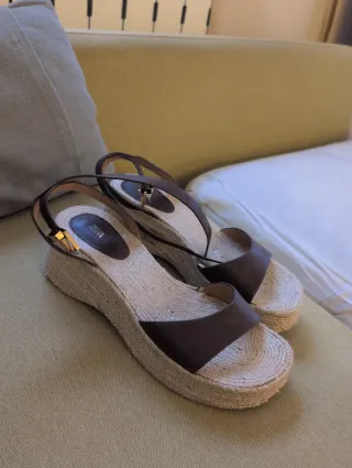 Sandalias Zara Cuña Yute Piel Marrón