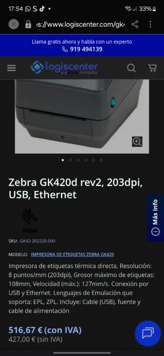 Impresora Zebra GX420d está completamente nueva