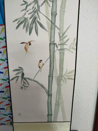 Kakemono pintado a mano con bambú y pájaros