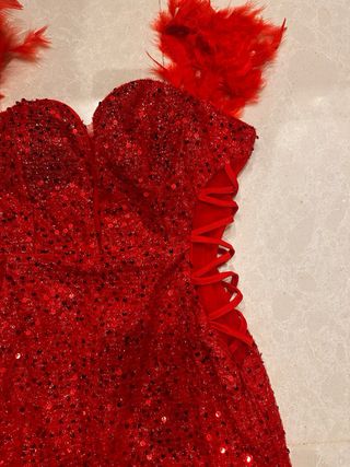 Vestido corto lentejuelas rojo con plumas