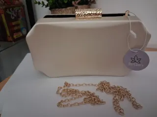 Bolso de fiesta clutch beige y dorado