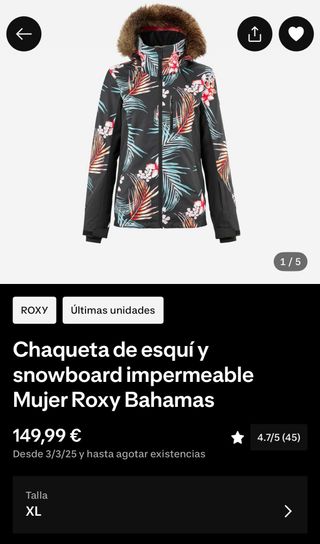 Chaqueta Esquí Snowboard Roxy Bahamas Mujer XL