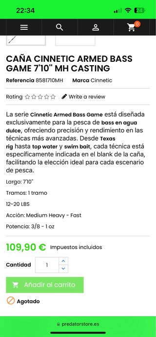 Caña de pescar Cinnetic Armed Bass 7'10” MH