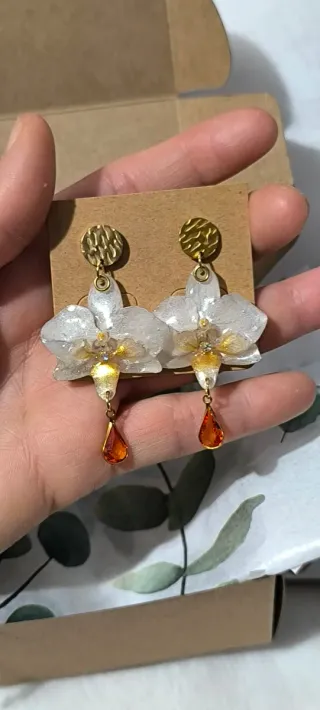 Pendientes Orquídea Mini Naranja y Blanco