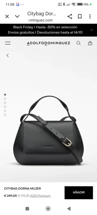 Bolso Adolfo Dominguez Piel Negro, solo 2 usos.