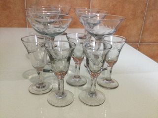 Calice di champagne con incisione in cristallo, set di sette calici di champagne e set di cinque calici da liquore