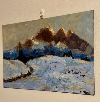 Dipinto olio su tavola paesaggio invernale