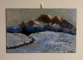 Dipinto olio su tavola paesaggio invernale