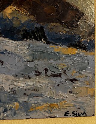 Dipinto olio su tavola paesaggio invernale