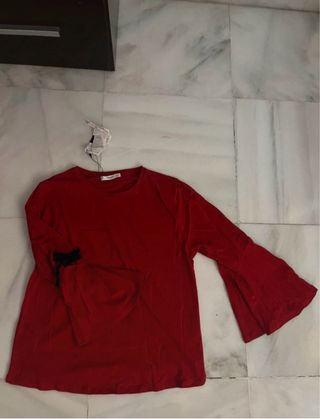 Camiseta Mango Roja Mangas Volante Talla S