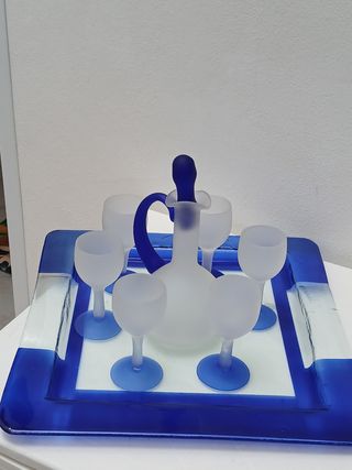 Set liquore vintage vetro satinato blu