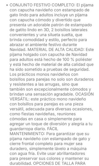 Pijama Entero Adulto XL Gatos Navideños