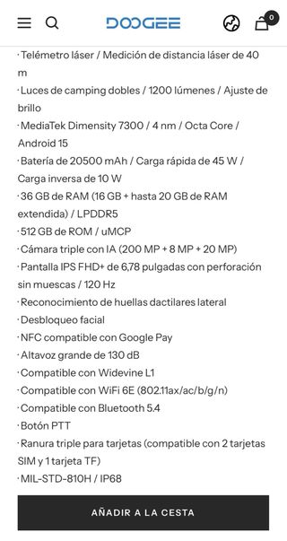 DOOGEE V Max LR Smartphone Robusto con Telémetro