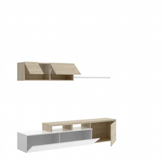 Mueble de Salón 200 cm. Blanco Brillo y Nature