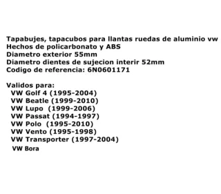 Golf Mk4 Tapabujes Vw 55mm Centro de Llantas Rueda