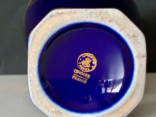 🇫🇷 Limoges Jarrón Azul y Dorado Grande