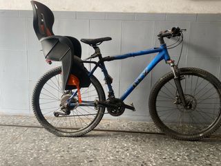 Bicicleta de adulto azul con silla infantil