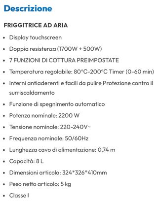 Friggitrice ad Aria 8L con Garanzia