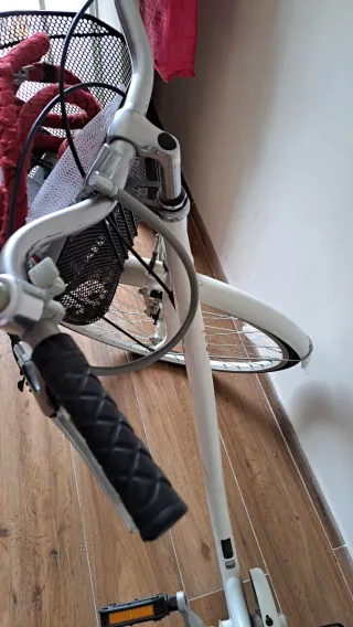 Bicicleta blanca con cesta y portabultos