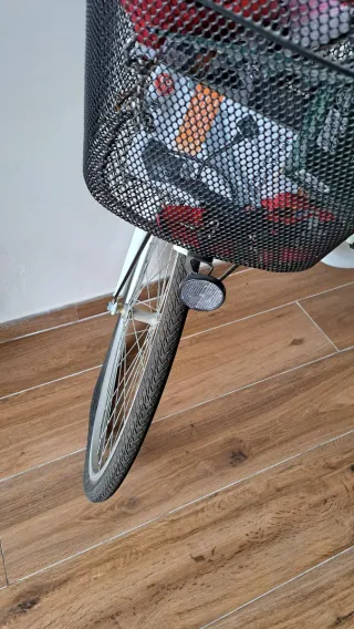 Bicicleta blanca con cesta y portabultos