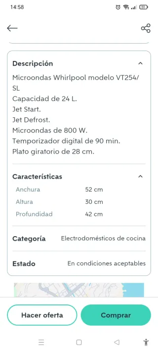 Microondas Whirlpool VT 254/SL de gran capacidad