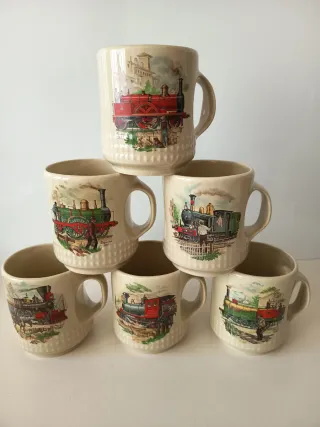 Set di 6 tazze in ceramica con treni antichi
