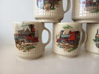 Set di 6 tazze in ceramica con treni antichi