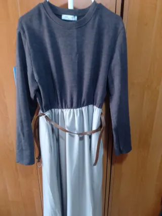 Vestido largo señora beige y gris