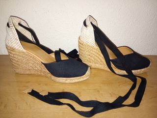 Sandalias cuña esparto mango negras