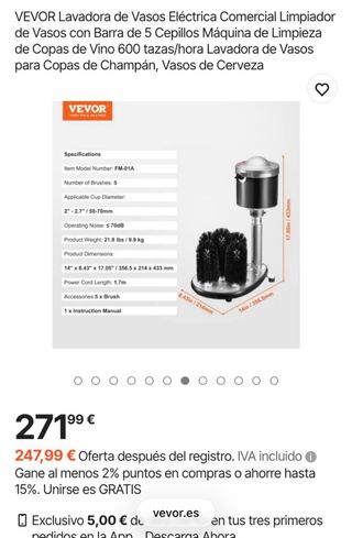 Lavadora Vasos Eléctrica VEVOR 600 tazas/hora