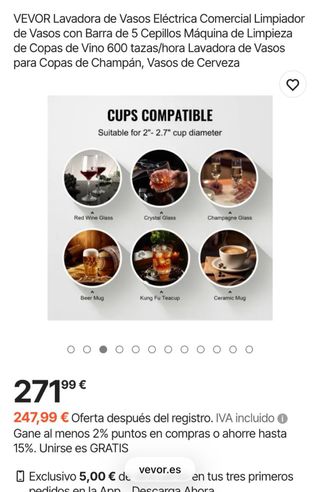 Lavadora Vasos Eléctrica VEVOR 600 tazas/hora