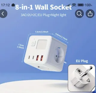 Regleta 8 en 1: 3 Tomas CA, 2 USB, 2 Tipo-C