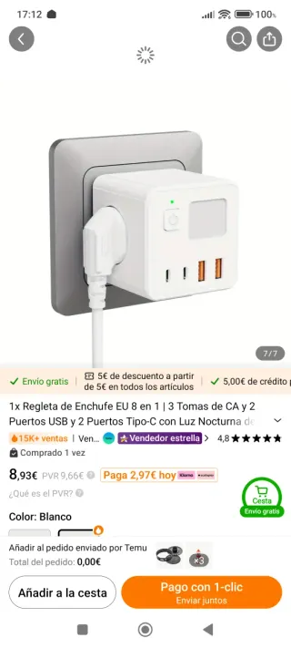 Regleta 8 en 1: 3 Tomas CA, 2 USB, 2 Tipo-C